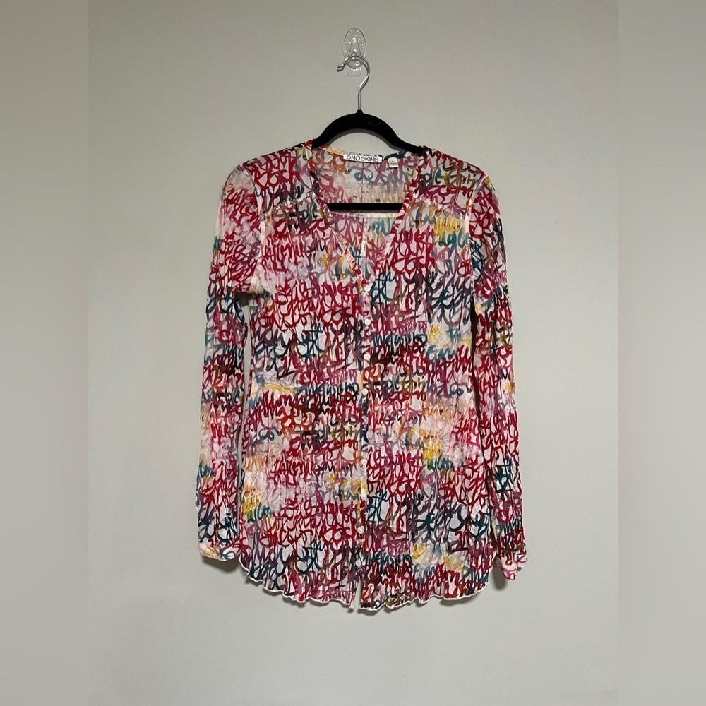 Sno Skins Graffiti Print Mesh Long Sleeve Top Size Small Art to Wear Abstract